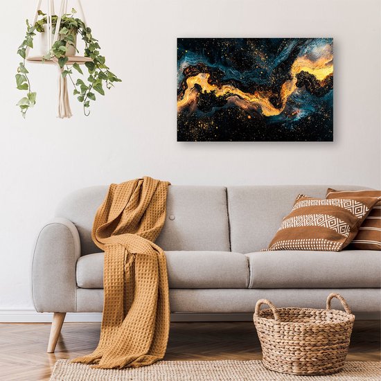 Gouden abstract kosmisch kunstwerk - Kosmos poster - Wanddecoratie sterren - Abstract expressionisme - Posters kunst - Wanddecoratie slaapkamer - poster 70x50 cm