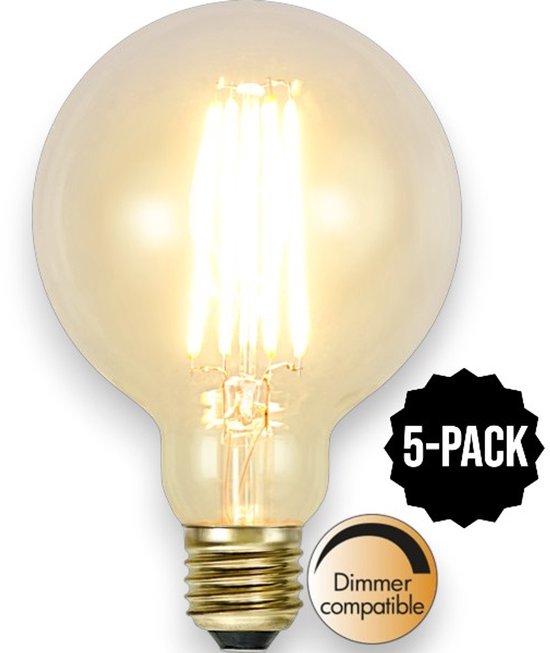 Pack de 5 ampoules G95 rondes en verre transparent avec filament visible, avec le texte '5-PACK' et 'Dimmer compatible'.