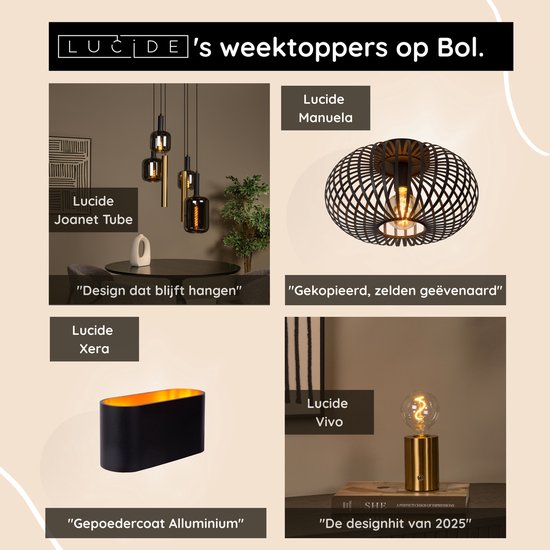Collage van vier Lucide lampen: Joanet Tube hanglampen, Manuela tafellamp, Xera wandlamp en Vivo tafellamp.