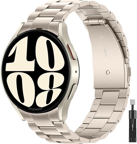 Foto: Ffo2world stalen schakel bandje geschikt voor samsung galaxy watch 7 40mm 44mm fe 6 6 pro 5 5 pro 4 4 classic luxe rvs horlogeband met snelkoppeling en naadloze pasvorm metalen bandje voor galaxy watch 4 5 6 7 alle varianten starlight