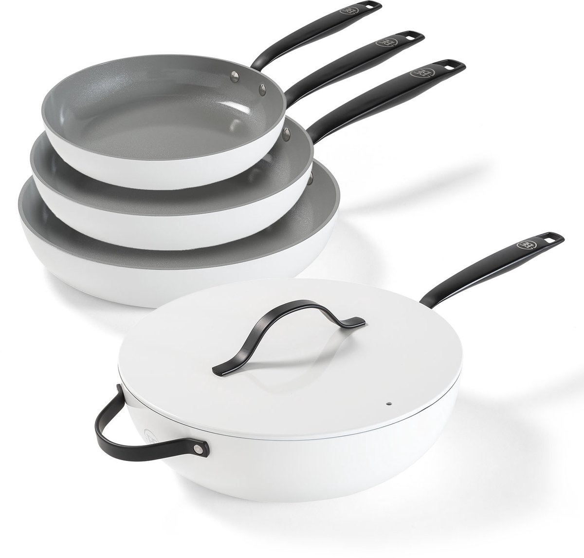 BE Living Essential 4-delige Pannenset - Ø 20, 24 & 28 cm Koekenpan + Ø30 cm Wokpan - Koekenpannenset - Keramisch - PFAS vrij - Inductie - Wit