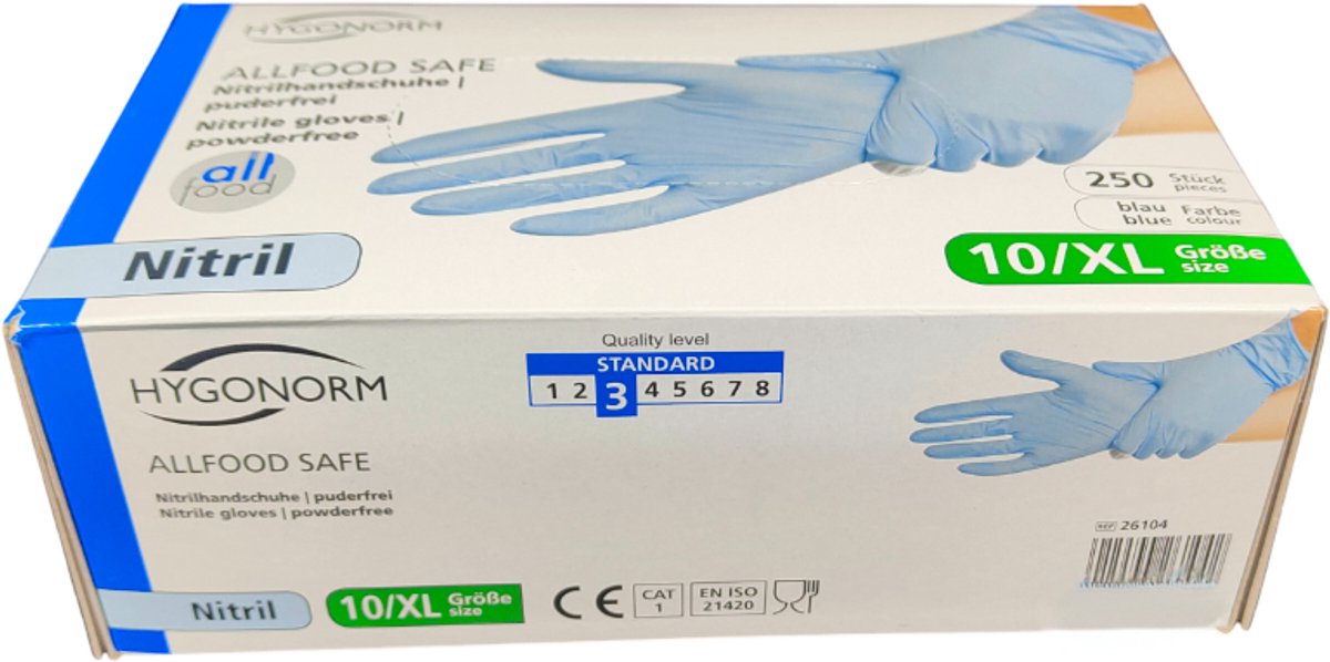Hygonorm Nitril Handschoenen Maat XL – Blauw – 250 Stuks – Poedervrij – Allfood Safe – Wegwerphandschoenen voor Voedselverwerking en Hygiëne