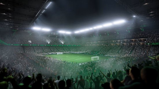 Een volle voetbalstadion met veel groen licht en supporters op de tribunes.