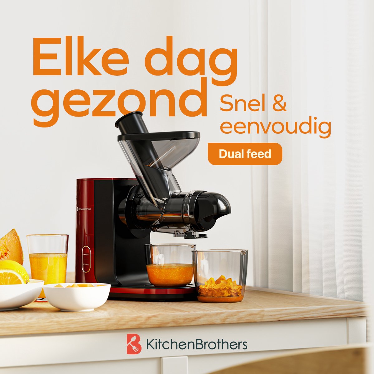 KitchenBrothers Slowjuicer - Sapcentrifuge - Juicer - Groenten en Fruitpers - 43 mm en 60 mm invoer - 400 ml - Rood thumbnail 2