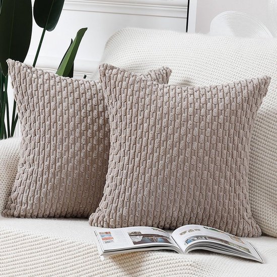 Set de 2 Taies d'oreiller douces en velours côtelé 50x50 cm pour la Décoration du canapé et de la chambre - Housses de coussin taupe
