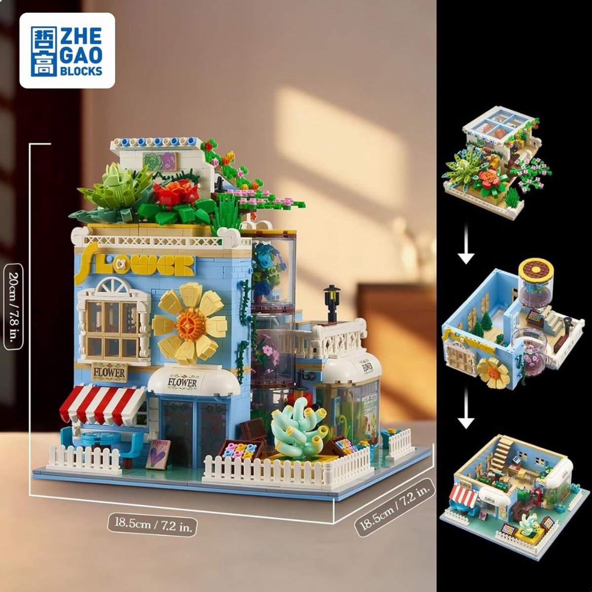 Zhe Gao DZ6120 Classic Bloemen winkel bouwset incl. 4 minifigures | City Achitecture Adventure Modelbouw | Educatief Creator speelgoed bouwpakketten voor kinderen & volwassenen | Niet compatibel met lego friends | Bouwdoos met 2091 bouwstenen — afbeelding 6
