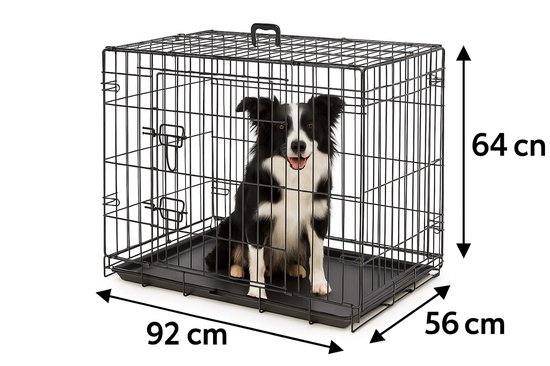 Zwarte draadkooi voor honden, maat L (92x56x64 cm), met een zittende Border Collie. De kooi heeft twee deuren.