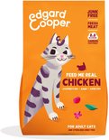 Zak Edgard & Cooper kattenvoer, 'Feed Me Real Chicken', met een illustratie van een grijze kat met paarse strepen.