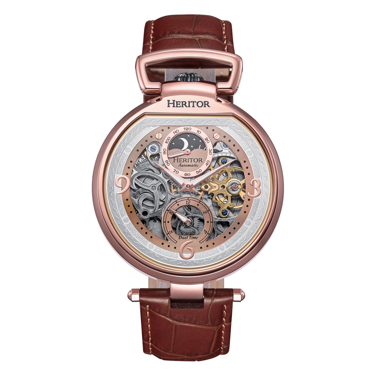 Heritor Automatic Lincoln leren band skelethorloge met maanfase - bruin