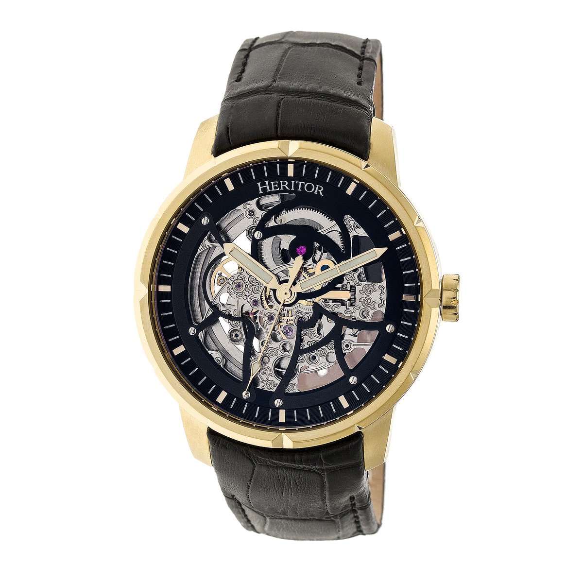 Heritor Automatic Ryder Skeleton leren band horloge - Zwart-Goud
