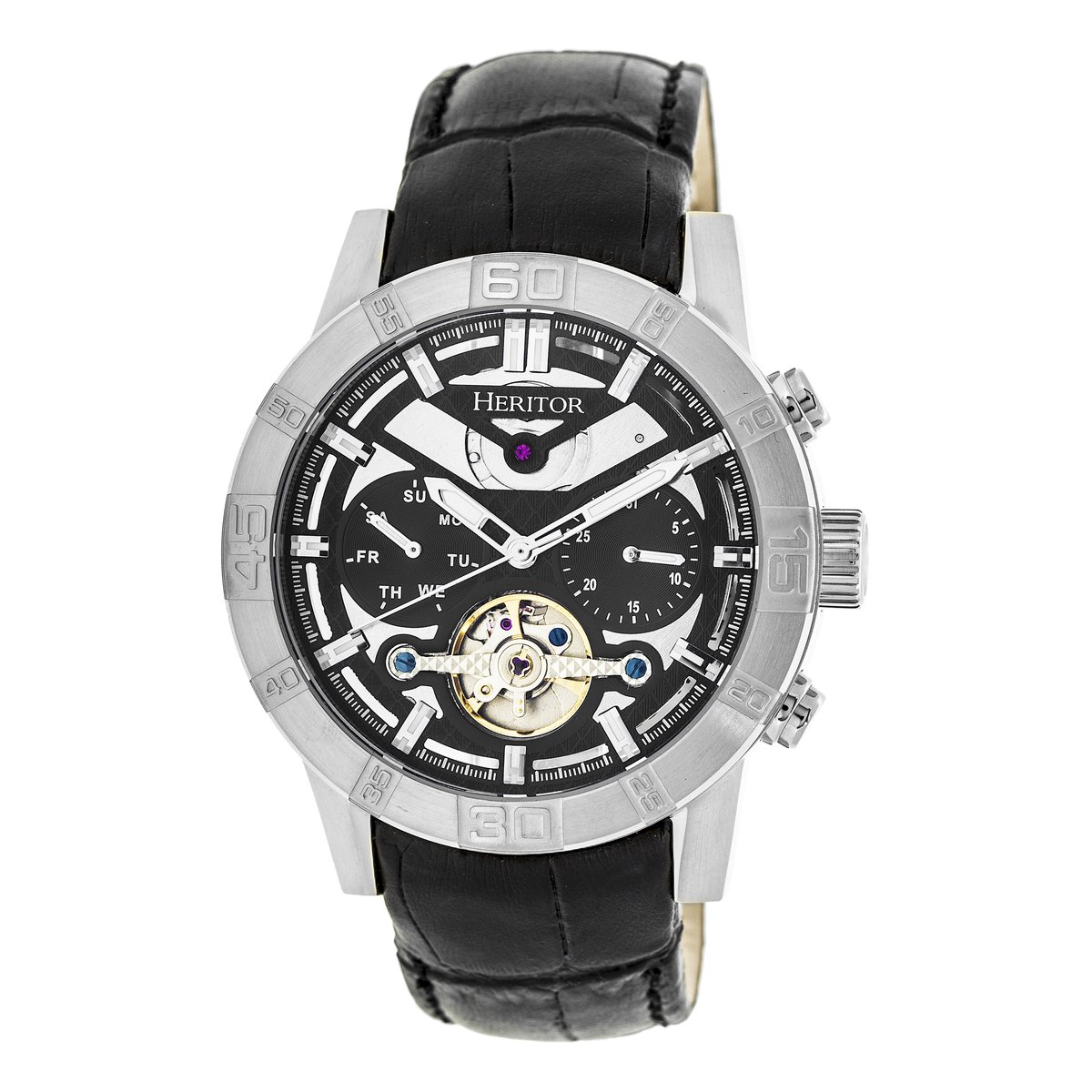 Heritor Automatic Hannibal Semi-Skelet Horloge met Leren Band - Zilver-Zwart