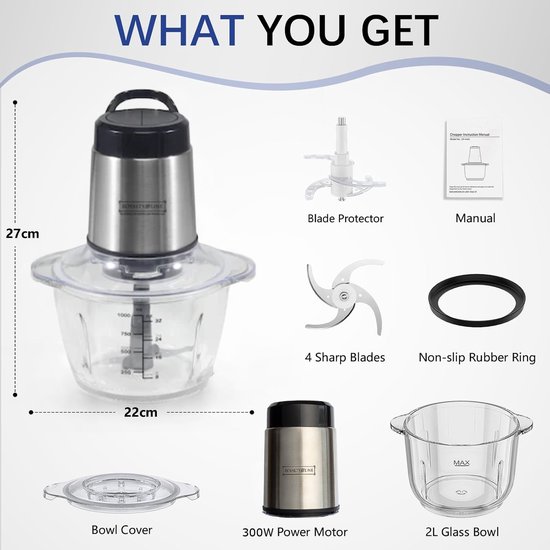 Royalty Line - Hachoir multifonctionnel - 300W - Hachoir électrique - 1.2l