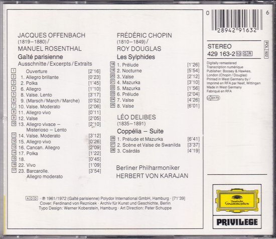 Achterkant cd-hoesje met lijst van muziekstukken, artiesten, orkest en dirigent, inclusief labels en catalogusnummers.