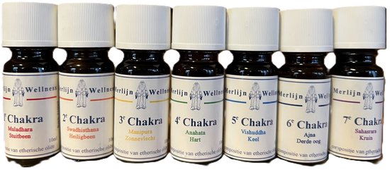 Zeven kleine flesjes met etherische olie, elk met een label van Merlijn Wellness en een chakra-nummer en -naam. De flesjes staan op een witte achtergrond.