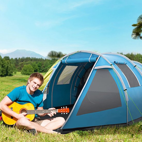 Tunneltent - Trekkingtent - Familietent 3-4 persoons - Kampeertent met 2 kamers - Weerbestendig - Blauw — afbeelding 3