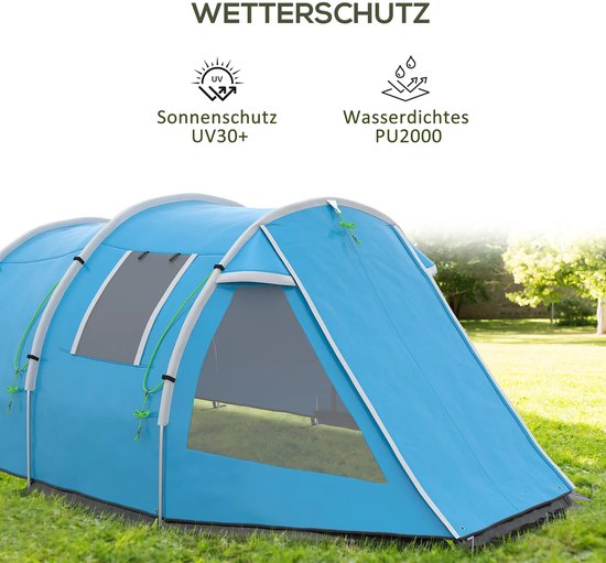 Tunneltent - Trekkingtent - Familietent 3-4 persoons - Kampeertent met 2 kamers - Weerbestendig - Blauw — afbeelding 5