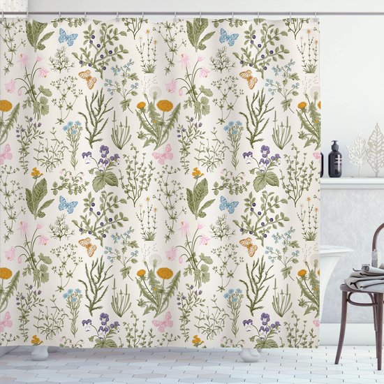 Rideau de douche crème avec un motif botanique de fleurs des champs, papillons et baies dans des couleurs pastel.