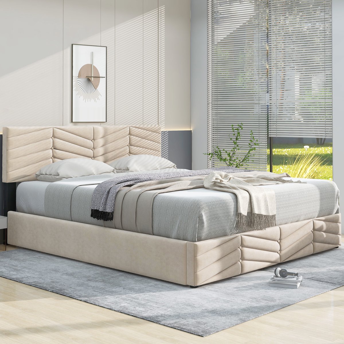 Gestoffeerd bed - 140 x 190 cm - Tweepersoonsbed - opbergbed met veel opbergruimte - Verstelbaar hoofdeinde - Zonder matras - Beige