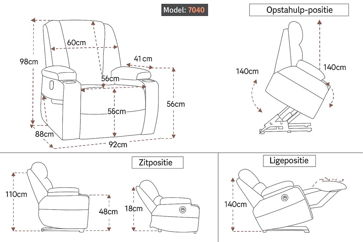 Afbeelding 3 van MCombo 7040 Elektrische Relaxstoel Bruin met Massage en