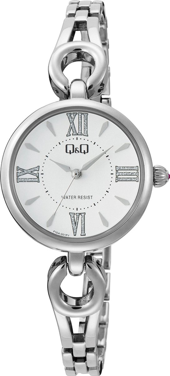 QQ F10A-001PY - Horloge - Polshorloge - Analoog - Dames - Vrouwen - Metalen band - Rond - Metaal - Streepjes - Romeinse cijfers - Zilverkleurig - Wit - Briljanten
