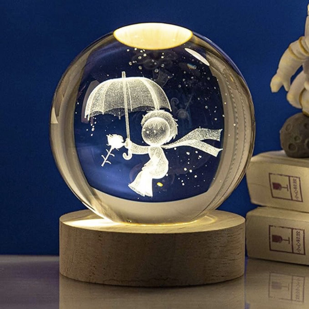 3D Kristallen Bal Nachtlampje - The Little Prince - LED Glas Licht Hologram Lamp met Massief Houten Basis - Nachtlamp - Cadeau idee - Verlichting - USB aansluiting