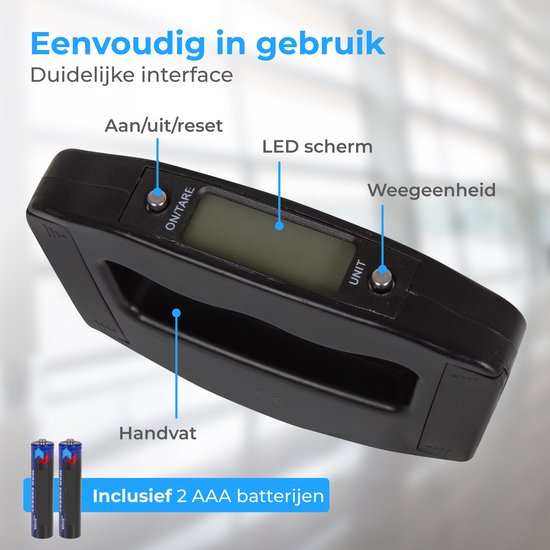Zwarte kofferweegschaal met LCD scherm, aan/uit knop, handvat en inclusief 2 AAA batterijen.