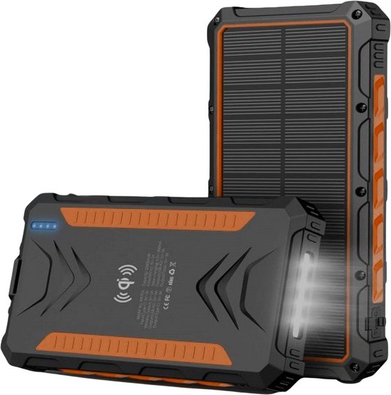 Tensfact® Solar Powerbank 36000 mAh Wireless Charger - Powerbank Zonneenergie - Powerbank Iphone Samsung - Noodpakket - USB & USB-C - Orange
