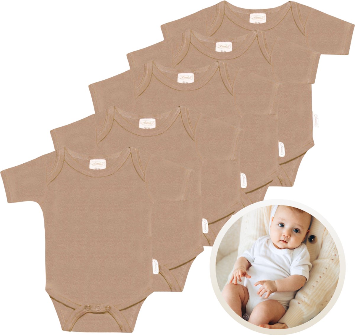 Funnies Rompertjes 5-Pack Pinkstone - 50-56 - Set van 5 Zachte Babyrompers / Boxpakjes / Babybody's - Gemaakt van Comfortabele en Ademende Stoffen - Perfect voor Dagelijks Gebruik bij Baby’s - Makkelijk aan en uit te trekken en Wasmachinebestendig