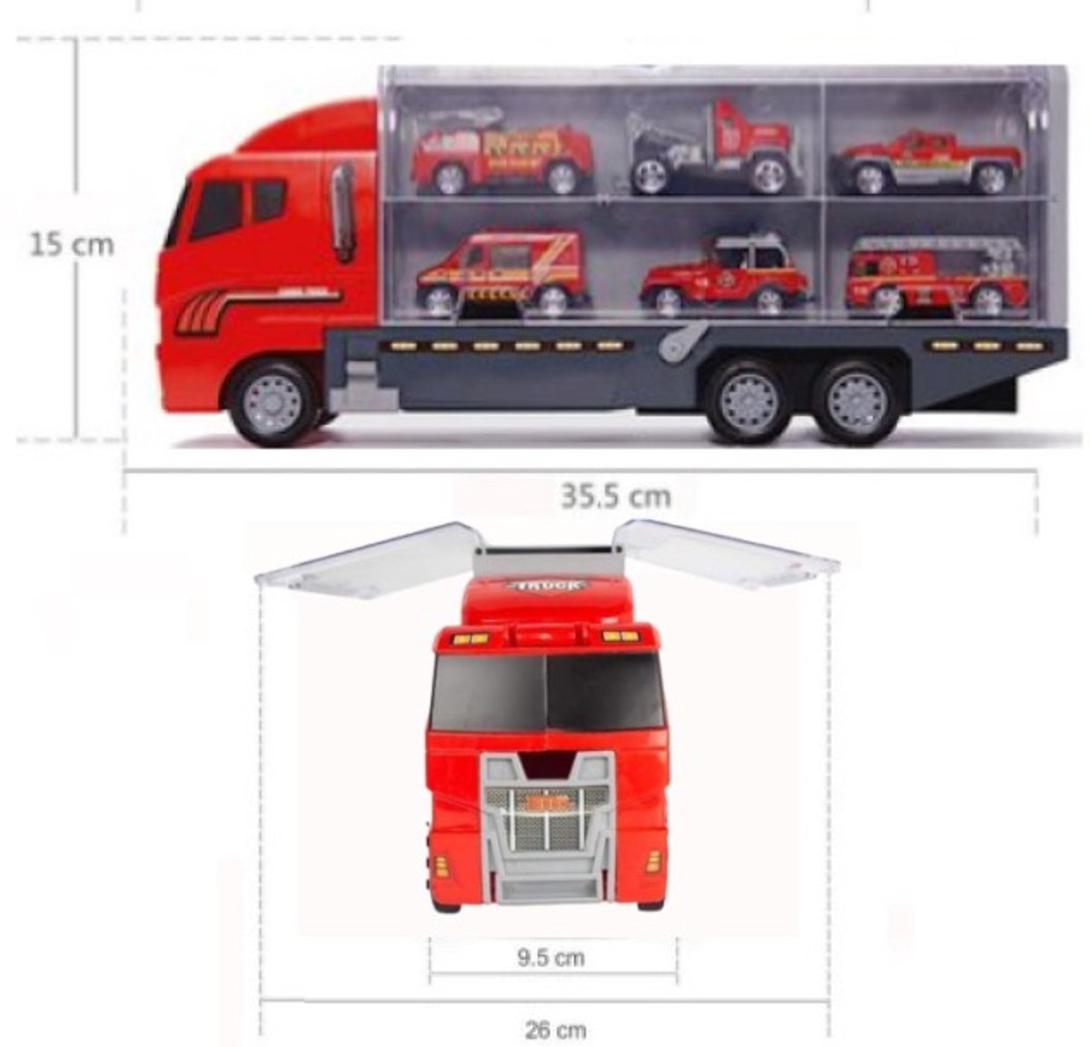 Goodz4All Speelgoed Brandweer Vrachtwagen Brandweerauto Auto met 6 Mini Autootjes - Transportwagen met 6 Miniatuur Auto’s Ziekenwagen Takelwagen Kiepwagen Pick Up Truck Brandweerwagen - Trailer Constructie Autotransporter met Kleine Autootjes — afbeelding 6