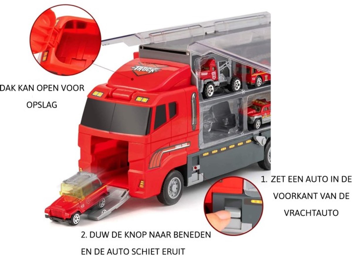 Goodz4All Speelgoed Brandweer Vrachtwagen Brandweerauto Auto met 6 Mini Autootjes - Transportwagen met 6 Miniatuur Auto’s Ziekenwagen Takelwagen Kiepwagen Pick Up Truck Brandweerwagen - Trailer Constructie Autotransporter met Kleine Autootjes — afbeelding 3