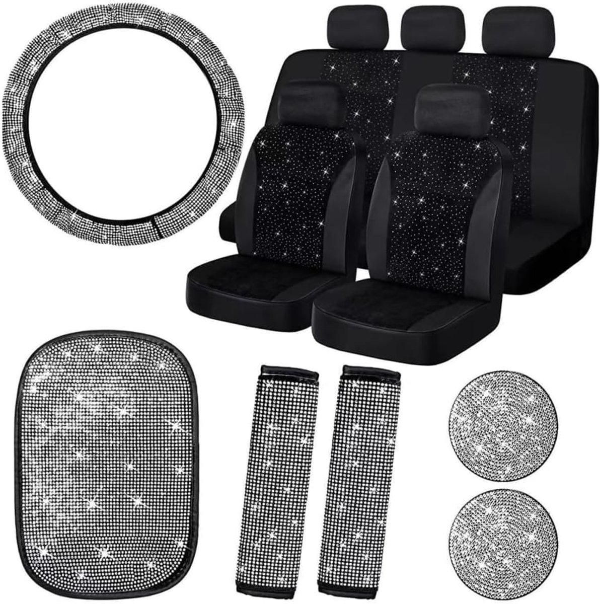 Image of 15-delige glinsterende autostoelhoezenset voor dames, kristallen stuurwielhoes, glinsterend fluweel, ademende stoelbekledingset, glinsterende middenconsole pad, universele auto-interieur