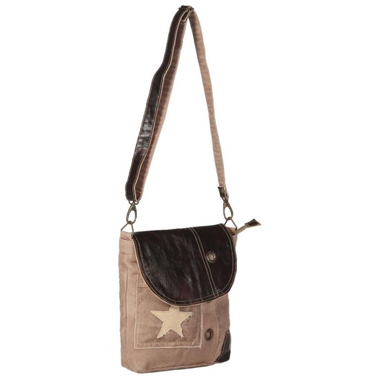 vidaXL Schoudertas 29x6x24 canvas en echt leer bruin vidaXL Schoudertas 29x6x24 canvas en echt leer bruin