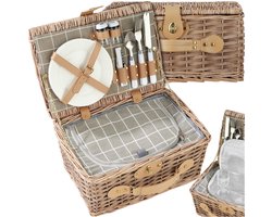 tectake® complete Picknickmand Set Ameland - Luxe 13-delige Picknick set voor 2 personen - Picknick Mand van Riet - Inclusief Koelvak, Set met Borden, Kunststof Wijnglazen en Roestvrijstalen Bestek