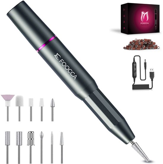 FOOCCA® Elektrische Nagelvijl 20000 RPM - Nagelfrees - Manicure en Pedicure Set - Ergonomisch - Eeltverwijderaar - Aluminium Behuizing - 11 Bitjes en 58 Schuurrolletjes