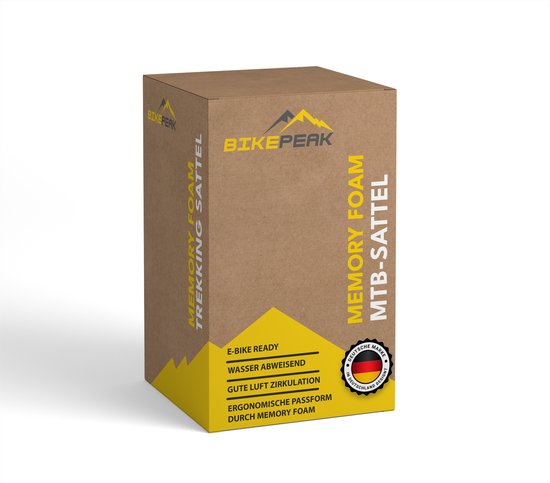 Bruine doos met "BikePeak Memory Foam MTB-Sattel" en "Deutsche Marke" logo.