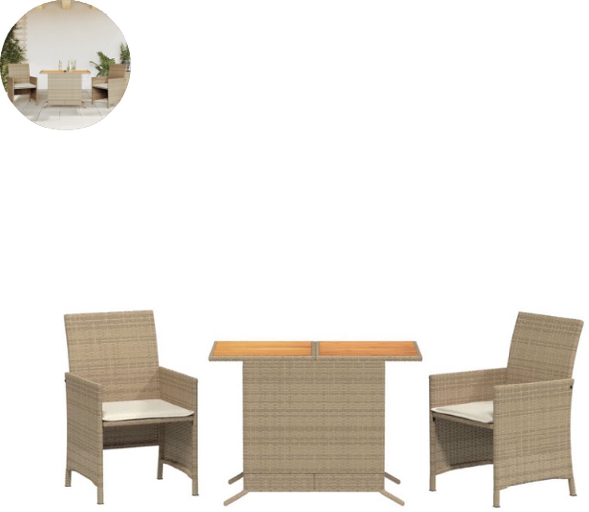Balkonset 2 personen - Tuinset - Bistroset - Beige - Weerbestendig - 3 delig - Tuintafel en 2 stoelen - 2 personen - Poly rattan
