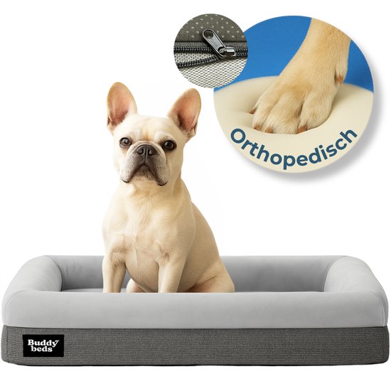 Buddy Beds Orthopedische Hondenmand 74cm – Luxe Hondenbed & Kussen – Waterdicht, Wasbaar & Anti-slip – Afneembare Hoes met Rits – Grijs – Small 74x58x20 cm