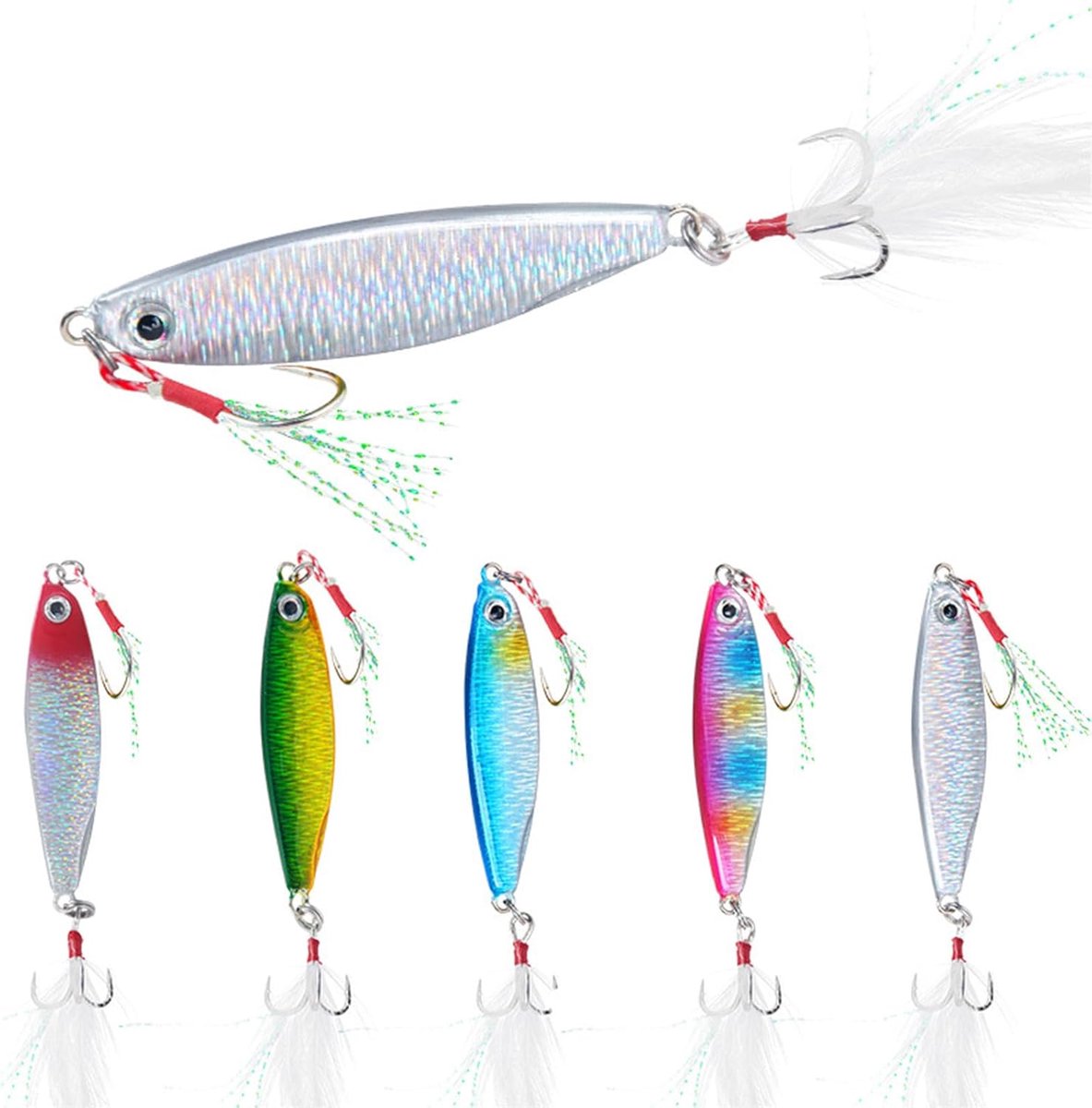 Retadou - Metalen visvisaas, 5 stuks, viscirkel, pailletten, lepel met drielingshaken, glanzend, in de zee zinkend hard aas voor forel, baars, snoek, baars, 30 g x 5 stuks