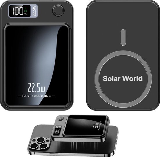 Zwarte powerbank met glanzend zwart scherm, toont 100% en 22.5W. Hieronder 'Fast Charging'. Ook een zwarte achterkant met 'Solar World'. En een powerbank op een telefoon.