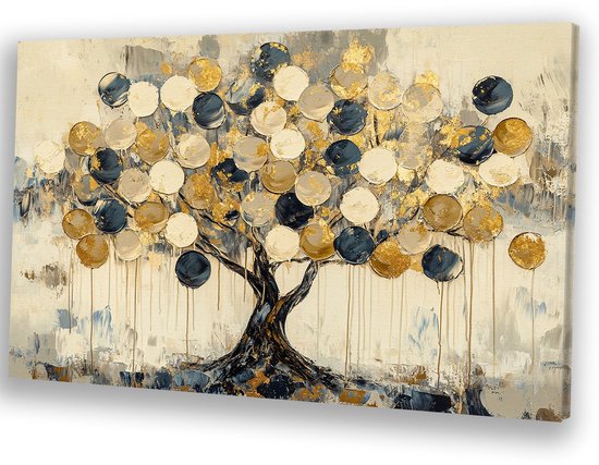 Arbre abstrait aux feuilles dorées - Décoration murale arbre - Peinture sur toile nature - Art abstrait - Décoration salon industriel - Décoration salon - Toile 60x40 cm
