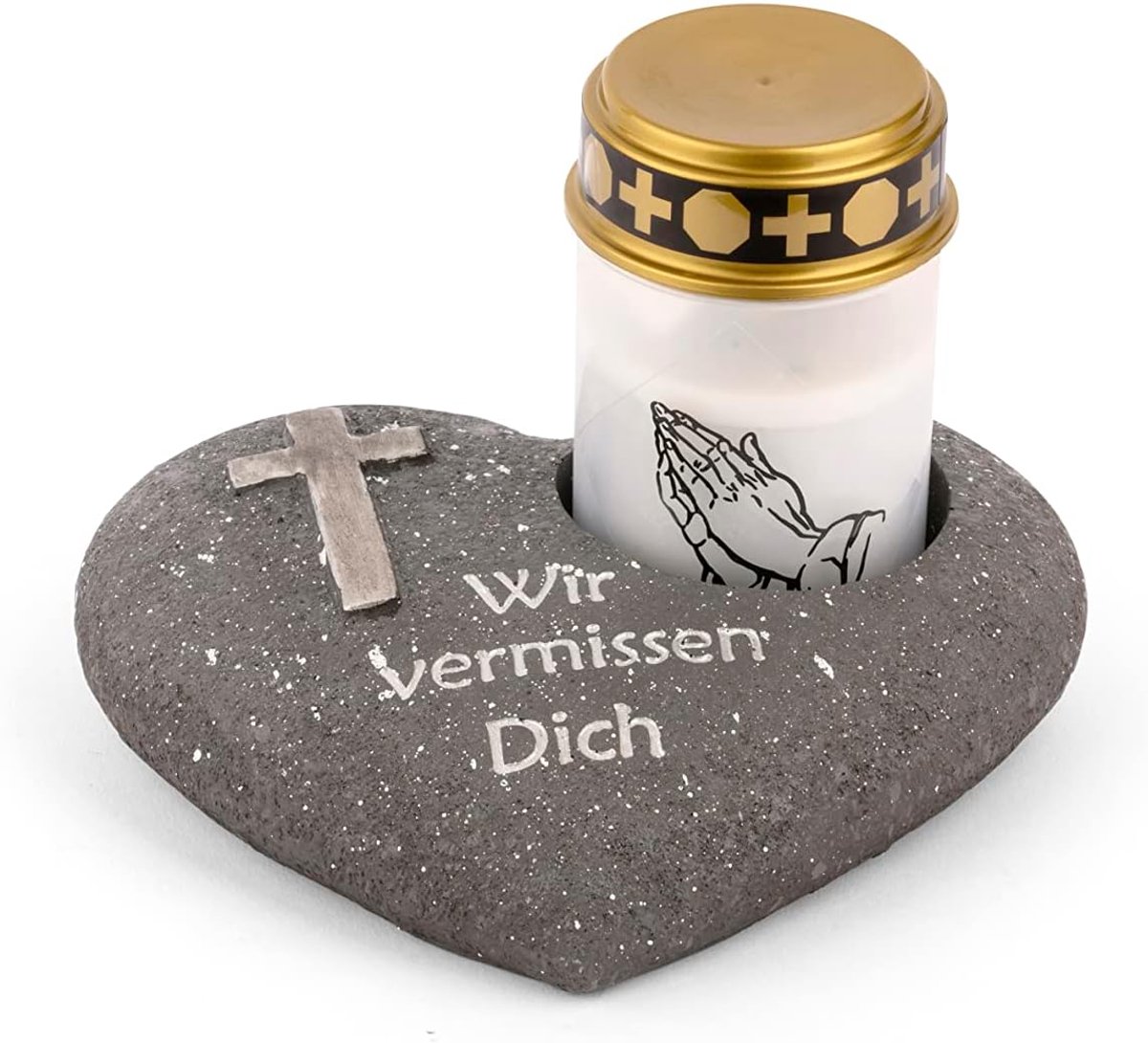 Grafdecoratie hart antraciet met kruis met opschrift We miss you incl. LED graflamp wit grafdecoratie grafhart weerbestendig grafdecoratie gedenksteen theelichthouder rouwsteen