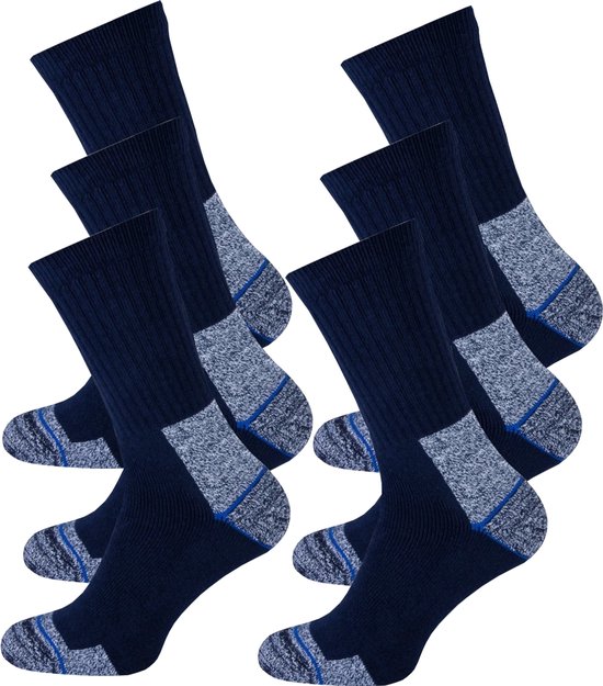 Set van zes donkerblauwe werksokken met grijze en blauwe accenten bij de hiel en tenen.