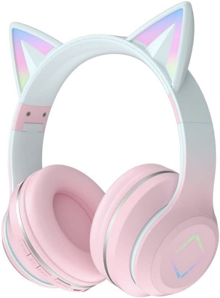 Kids Bluetooth Hoofdtelefoon, Cat Ear LED Light Kind Draadloze Hoofdtelefoon met Microfoon, TF-kaart, Opvouwbare Bluetooth Stereo Over-Ear Kids Headsets voor Jongens Meisjes Volwassenen (roze)