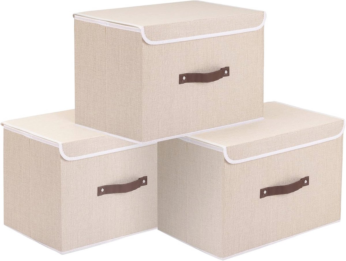 Opvouwbare opbergdozen met deksel voor kleding en accessoires - Beige, 3-pack