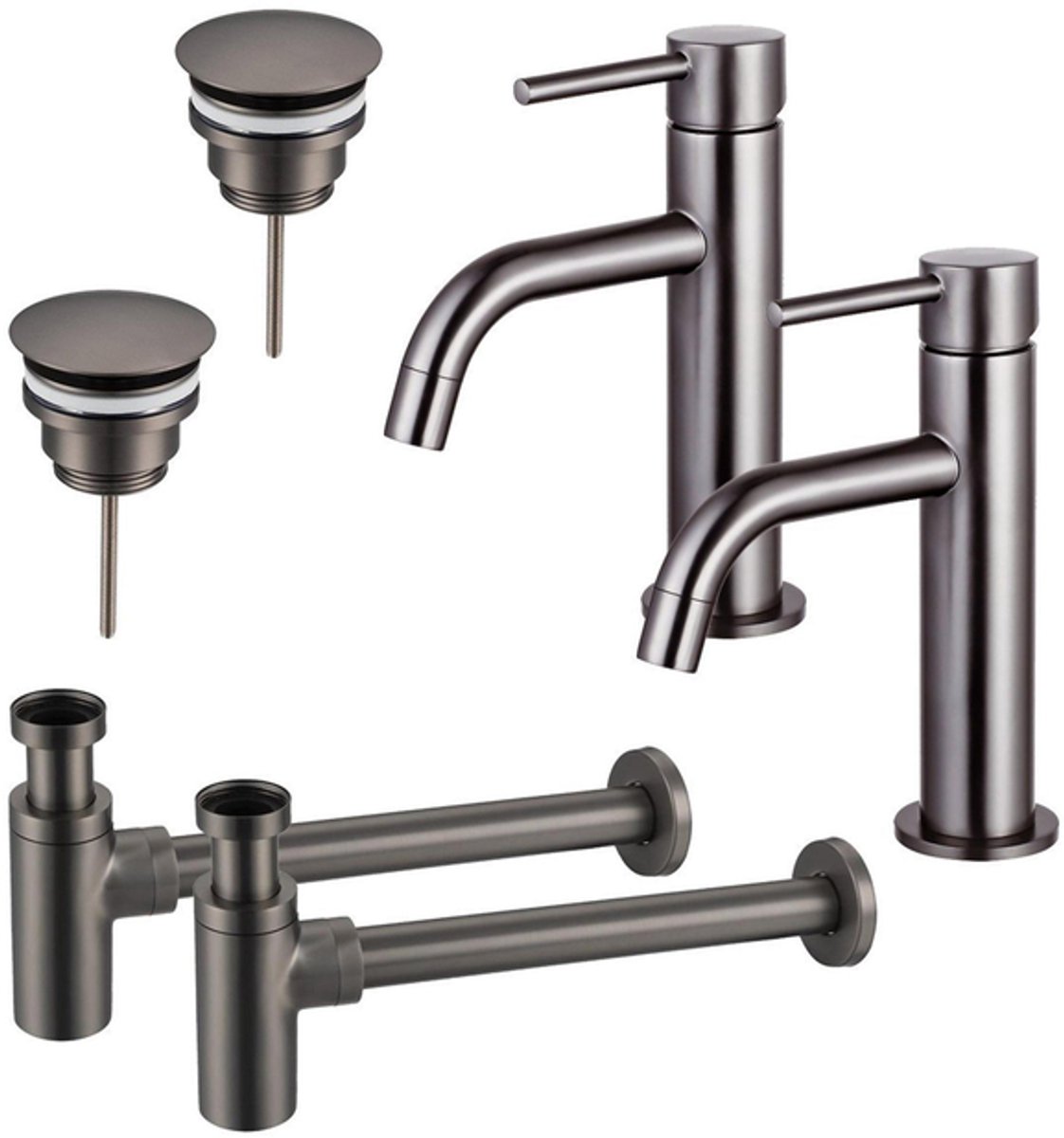 FugaFlow Eccelente Sobrado Badkamer Slim Wastafelkraanset - voor dubbele wastafel - lage wastafelkraan - always open plug - design sifon - PVD Gepolijst Gunmetal
