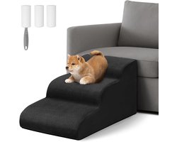 3 Step Non-Slip Dog Ramp with Removable Cover for Pets | Ideal for Sofa and Bed | Pet Hair Removal Gift Roll - Black