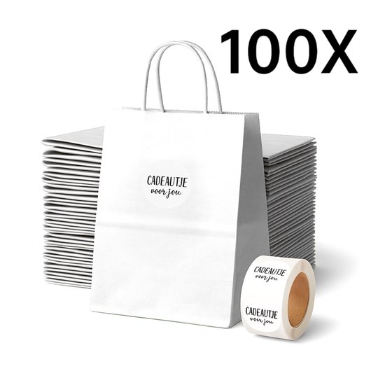 100 witte papieren draagtassen met "Cadeautje voor jou" stickers en een rol met dezelfde stickers.