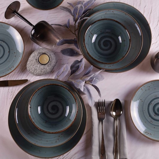 SERVICE DE TABLE TULU KUTAHYA 24 PIÈCES 6 PERSONNES REACTIVE BLEU/GRIS