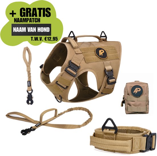Harnais pour chien kaki avec sangles réglables, laisse, collier et pochette de rangement. Inclut la bannière "+ PATCH GRATUIT DE NOM".