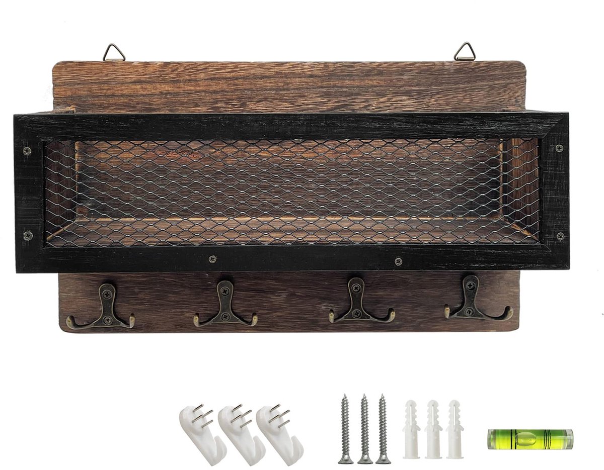 Ibenzoa® Houten Wandsleutelrek – Decoratieve Organisatie met 4 Dubbele Haken, Bruin